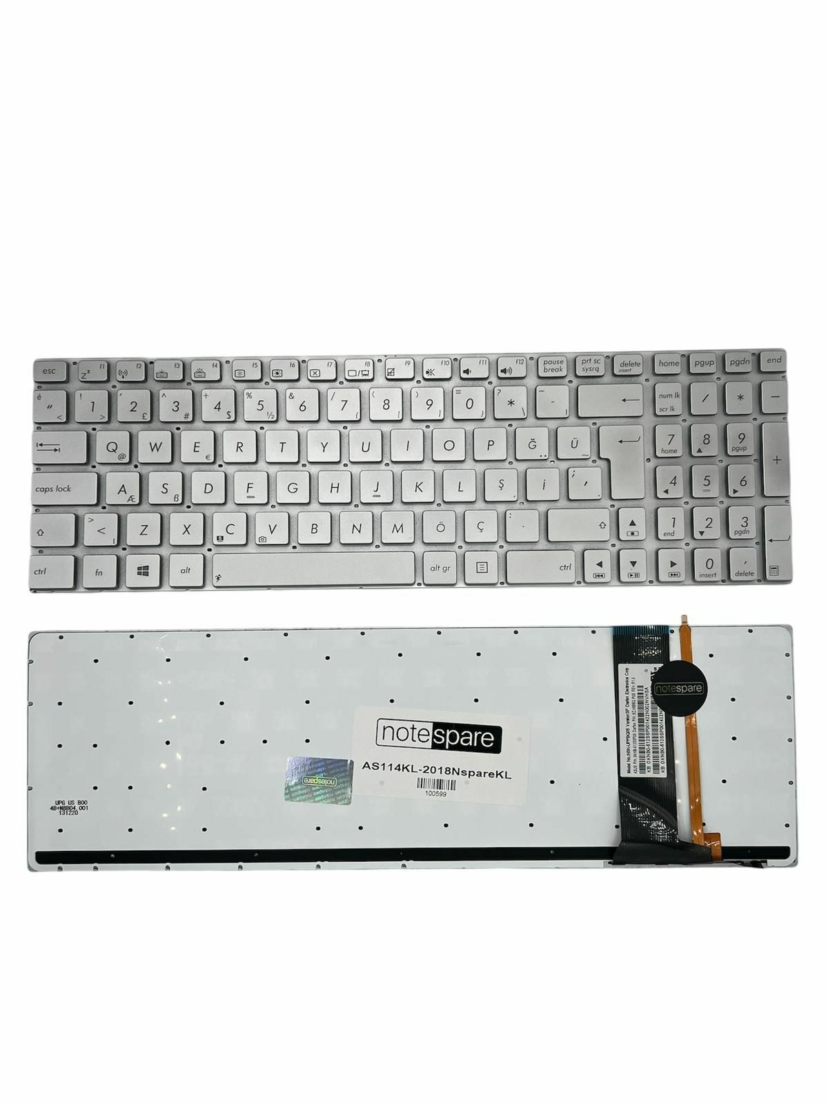 Asus ile Uyumlu ROG G550, G550JK Notebook Klavye Işıklı Gümüş Gri TR