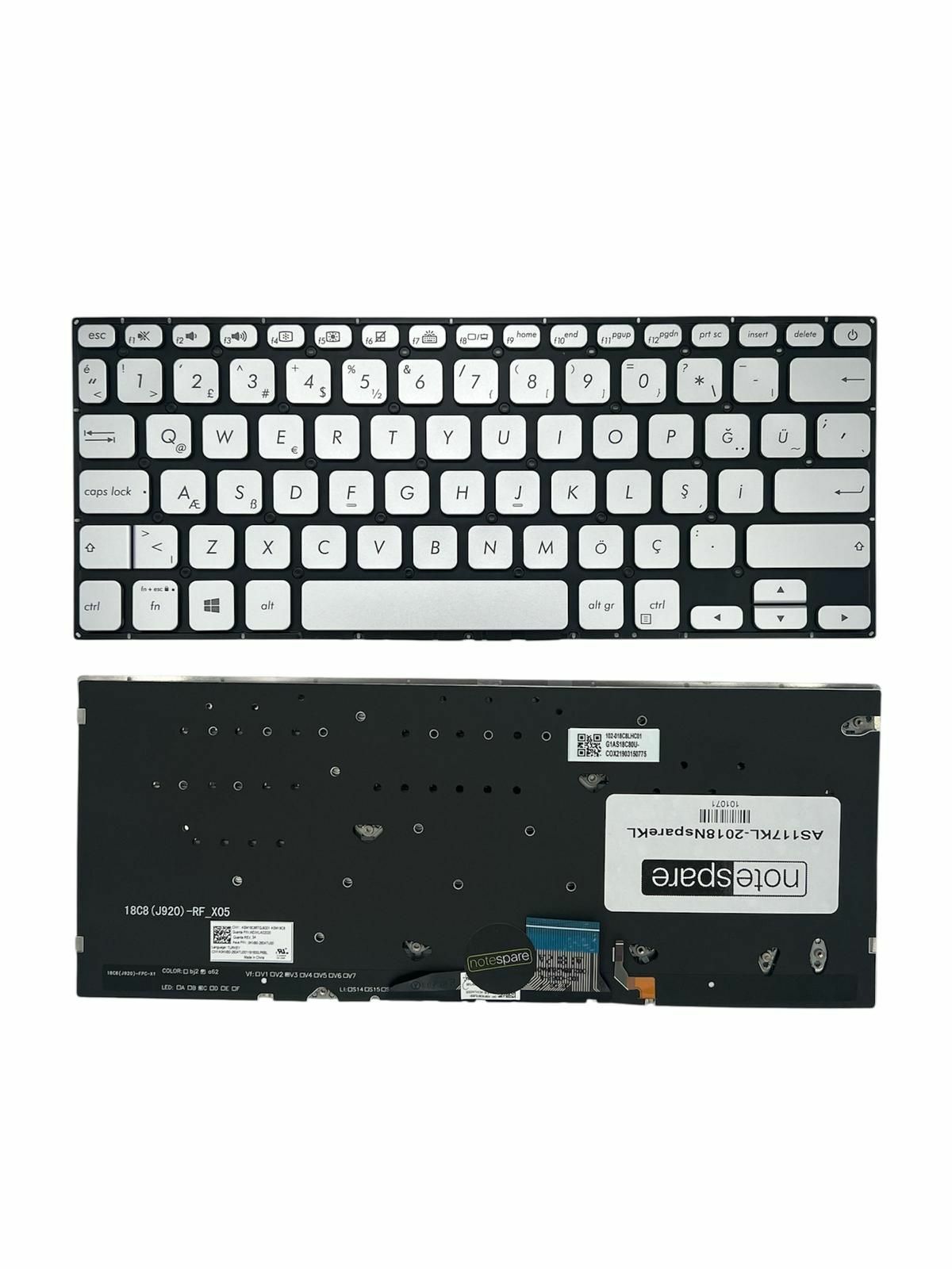Asus ile Uyumlu VivoBook 14 X412DA, 14 X430FA, 14 X430FN Notebook Klavye Işıklı Gümüş Gri TR
