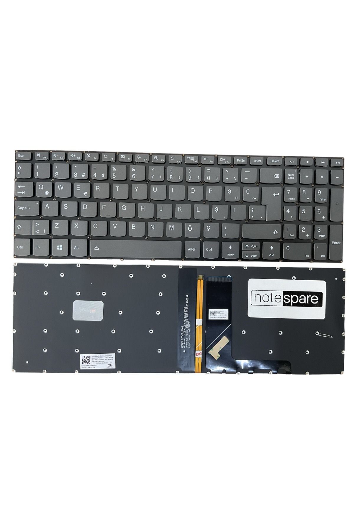 Lenovo ile Uyumlu IdeaPad 81CN, 81D1, 81D2, 81D3 Klavye Işıklı Füme TR Power Tuşsuz Versiyon