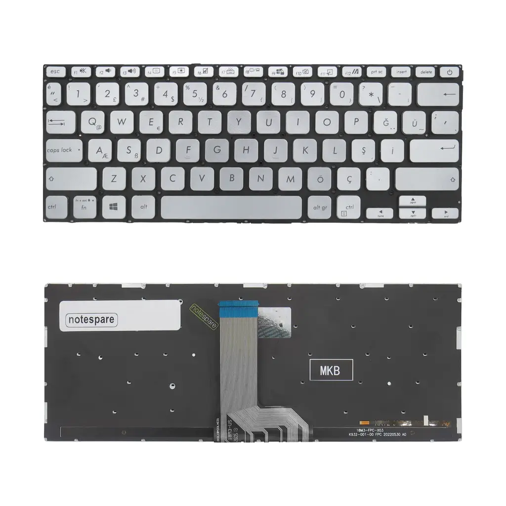 Asus Uyumlu Vivobook 14 X415EA-EB1359W, 14 X415EA-EB1360W, 14 X415EA-EB512 Klavye TR - Işıklı Gümüş Gri