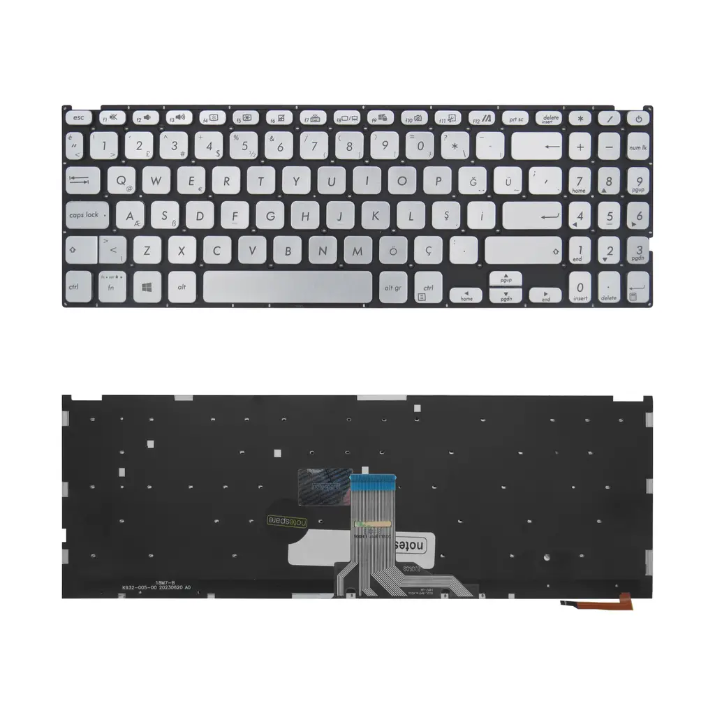 ASUS Uyumlu Vivobook 15 F512JA-PH31-BAC, 15 F512JP-BQ386R Klavye TR - Işıklı Gümüş Gri